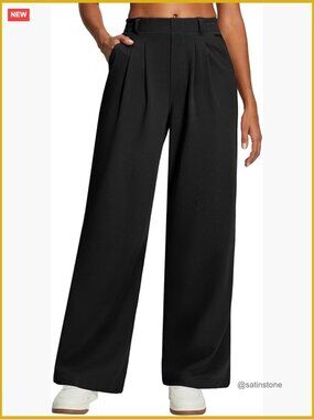Wide Leg Stretchy Work Pants High Waisted Pull On Business Casual Trousers